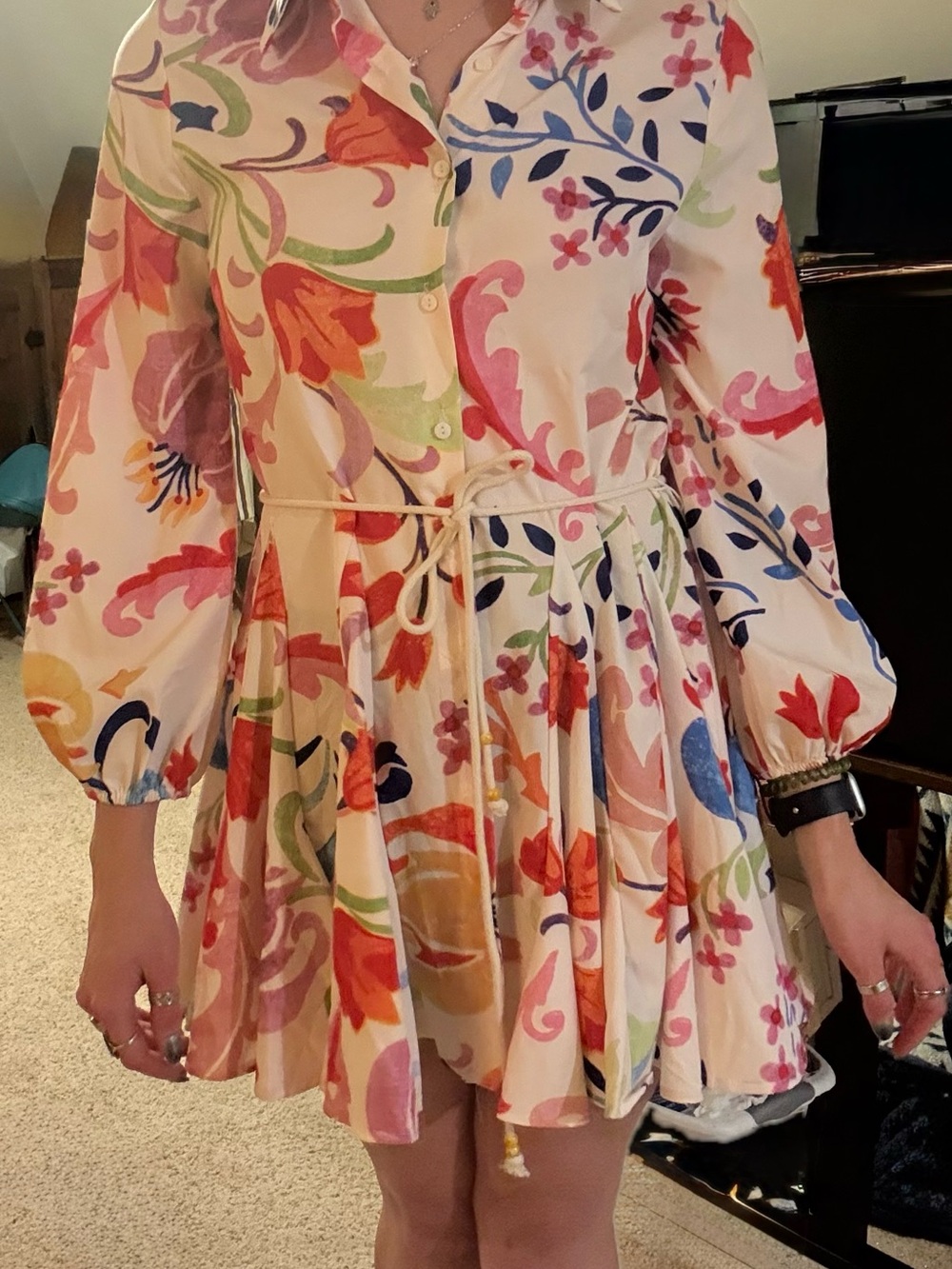 Floral Button-Front Tie-Waist Mini Dress - Multicolor